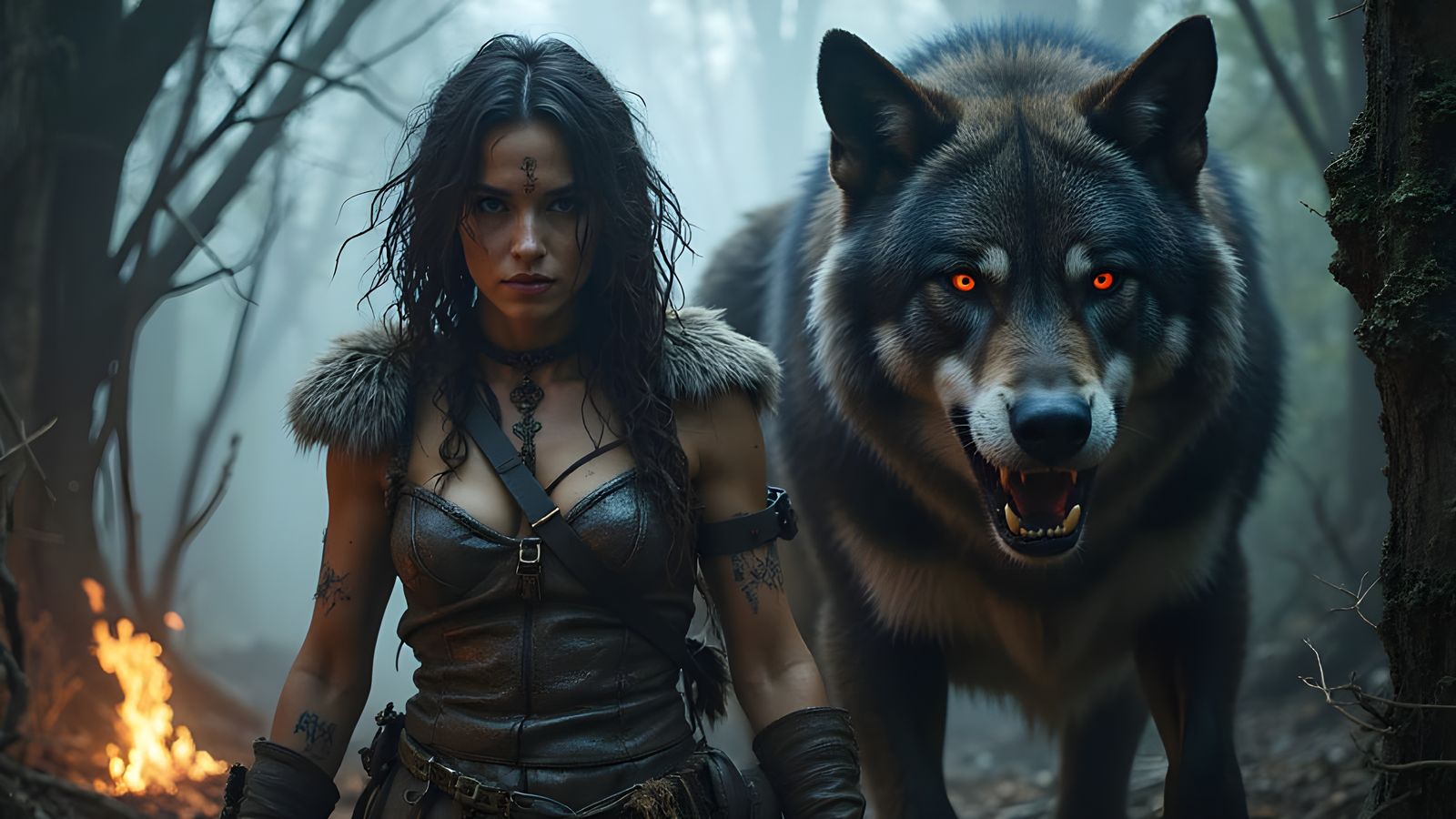 Warrior Woman in Haunted Forest at Twilight