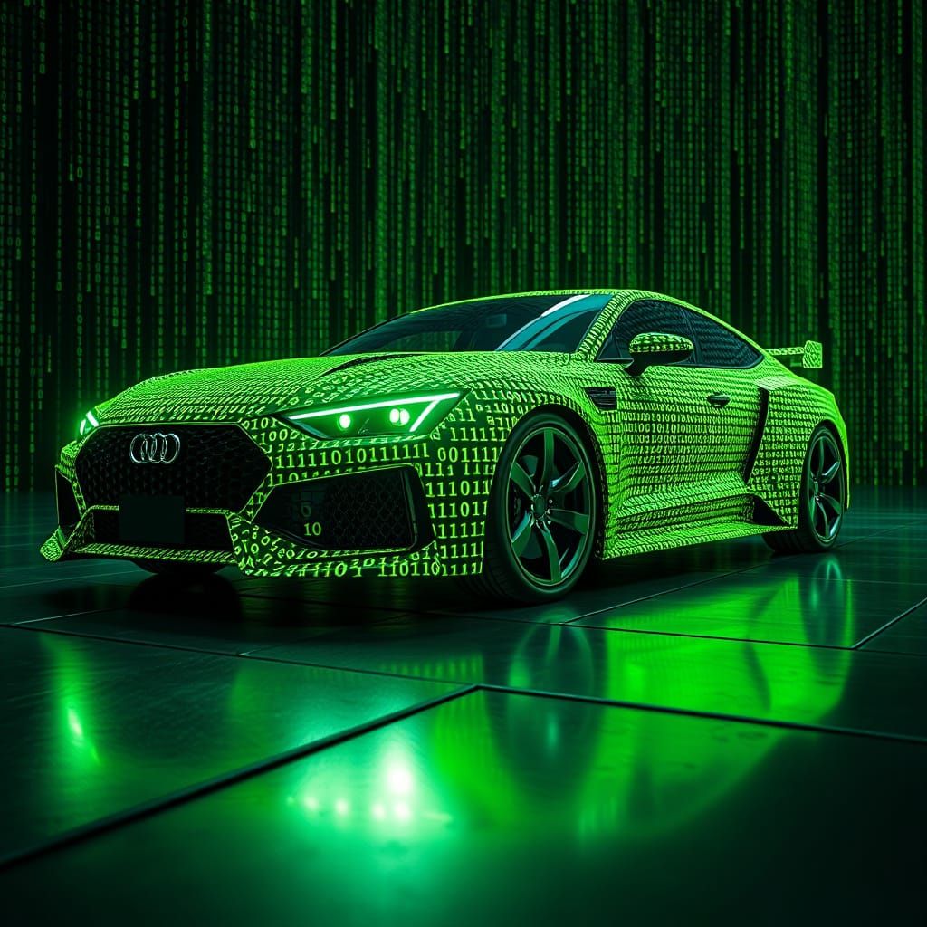 Digital Car Made of Code in Matrix Style