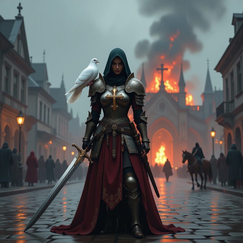 A female soldier in armour stands on a rainswept cobblestone...