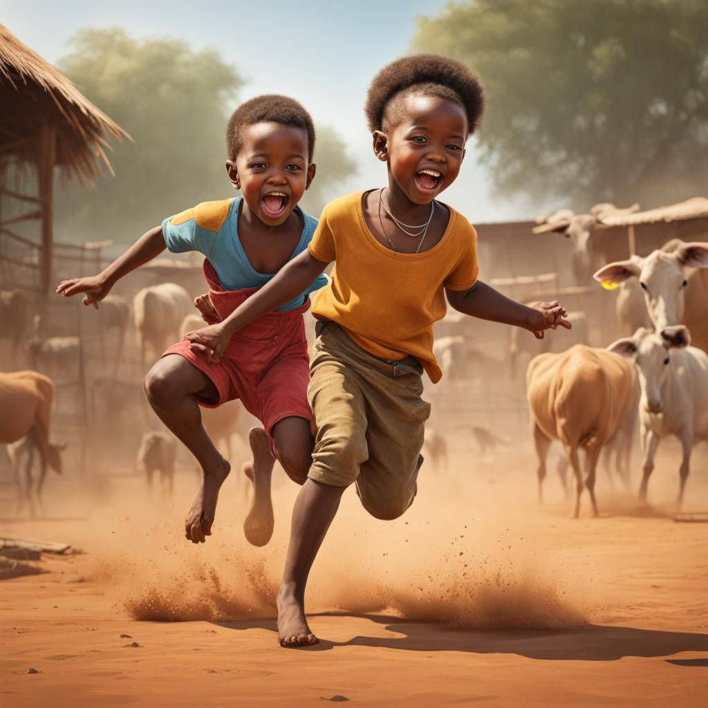 African Child Plays with Calf in Dusty Landscape