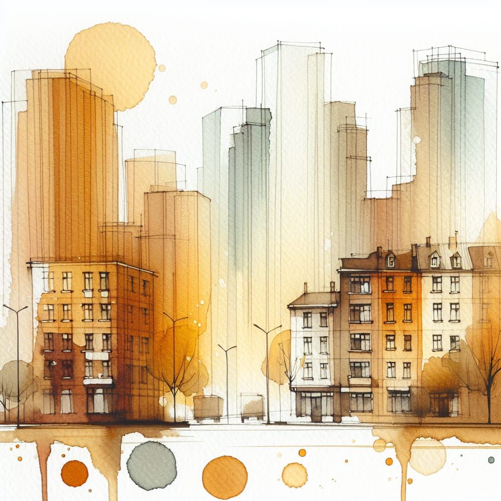 Watercolor Urban Landscape with Softly Blended Buildings
