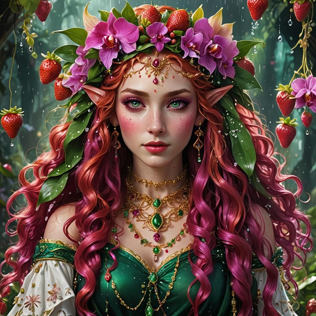 Ethereal Elven Maiden in Vibrant Strawberry Fields