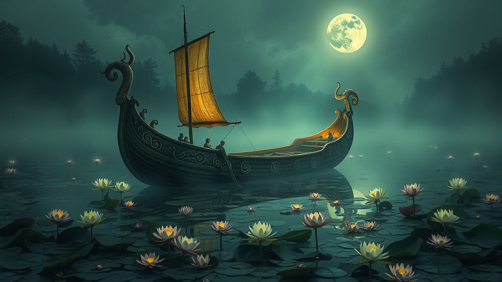 Mystical Boat Drifts Through Moonlit Lake