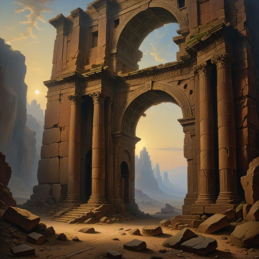 Ancient Stone Archway in Misty Desert Twilight
