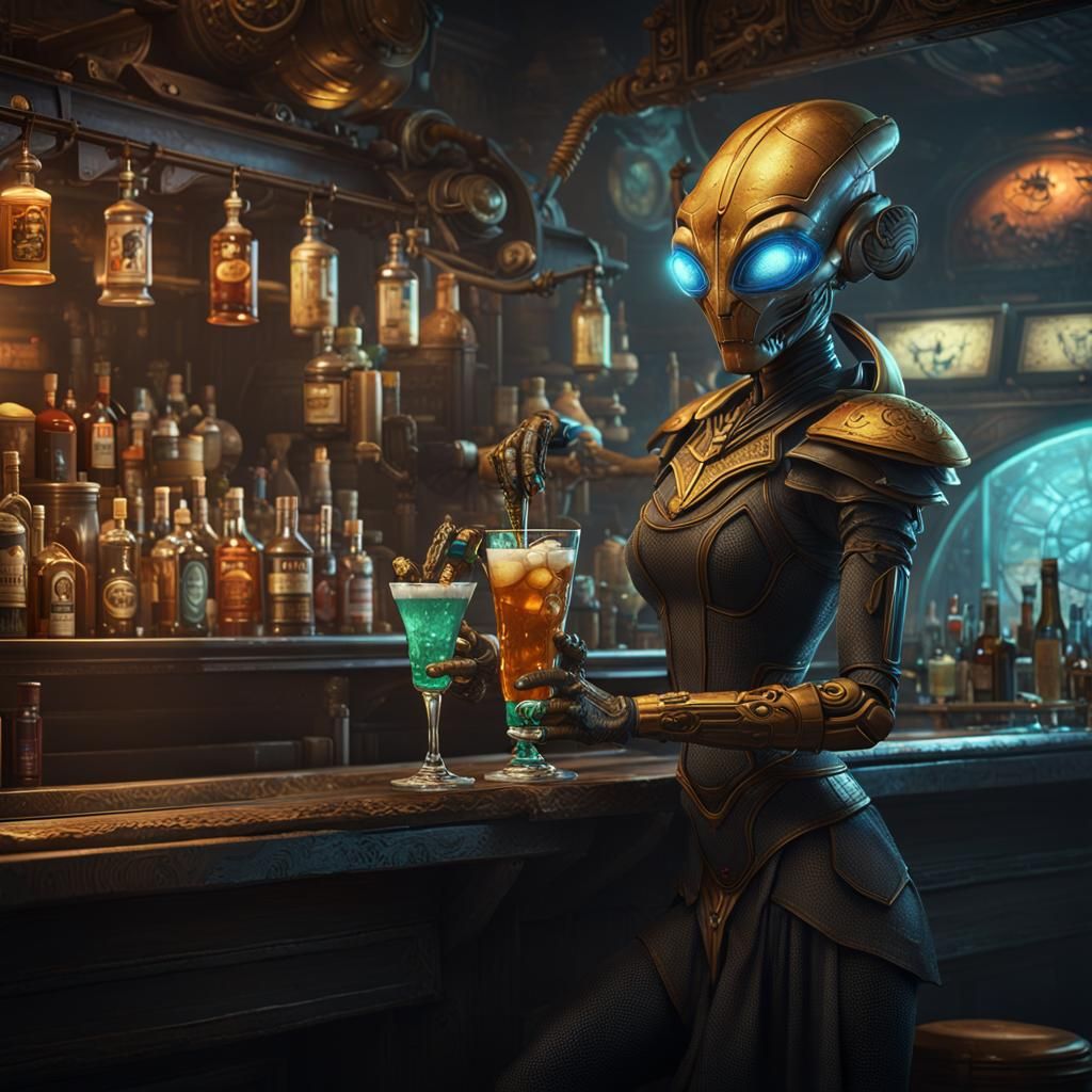 Ethereal Android Bartender Serves a Royal Alien in a Cyberpu...