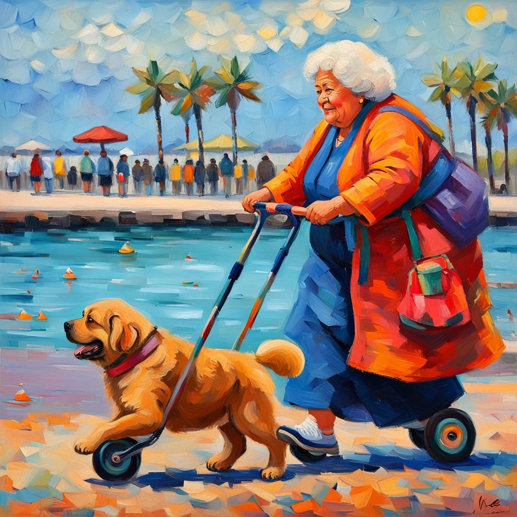 Joyful Woman and Loyal Dog Ride Scooter Along Beach Promenad...