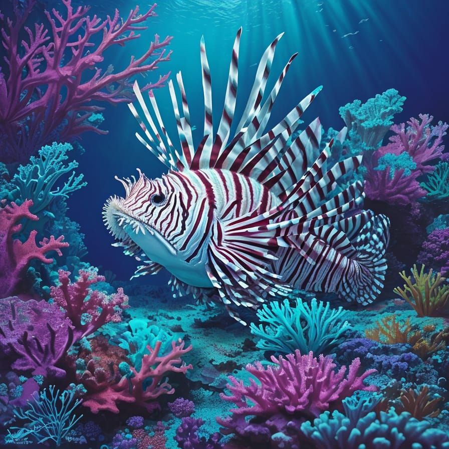 Bioluminescent Lionfish in Neon Coral Reef: Digital Art