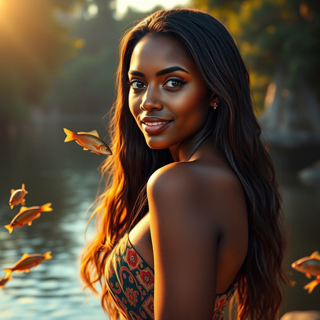 Sensual African Goddess Embraces Riverine Serenity