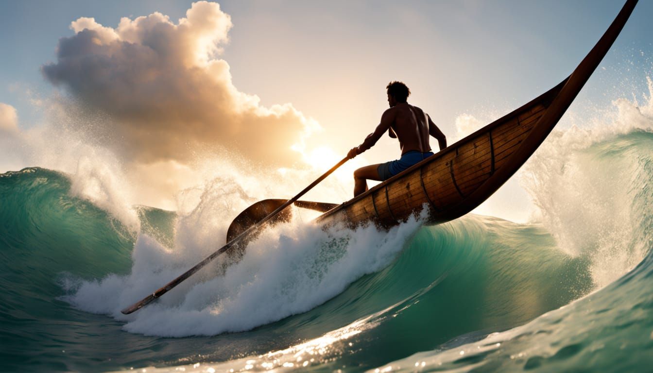 Polynesian Canoe Braves Pacific Waves: Digital Art