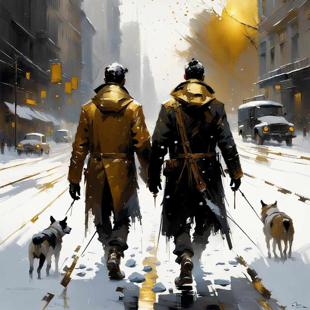 Two Young Adventurers in Golden Snowfall