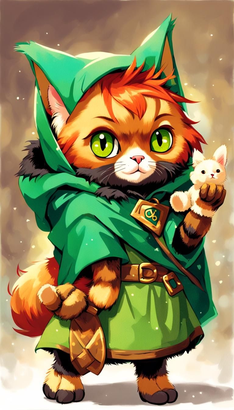 Furry Black Munchkin Cat in Green Cloak