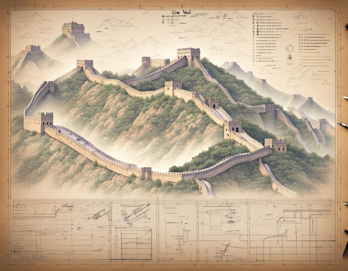 Detailed Blueprint of the Great Wall of China in Professiona...