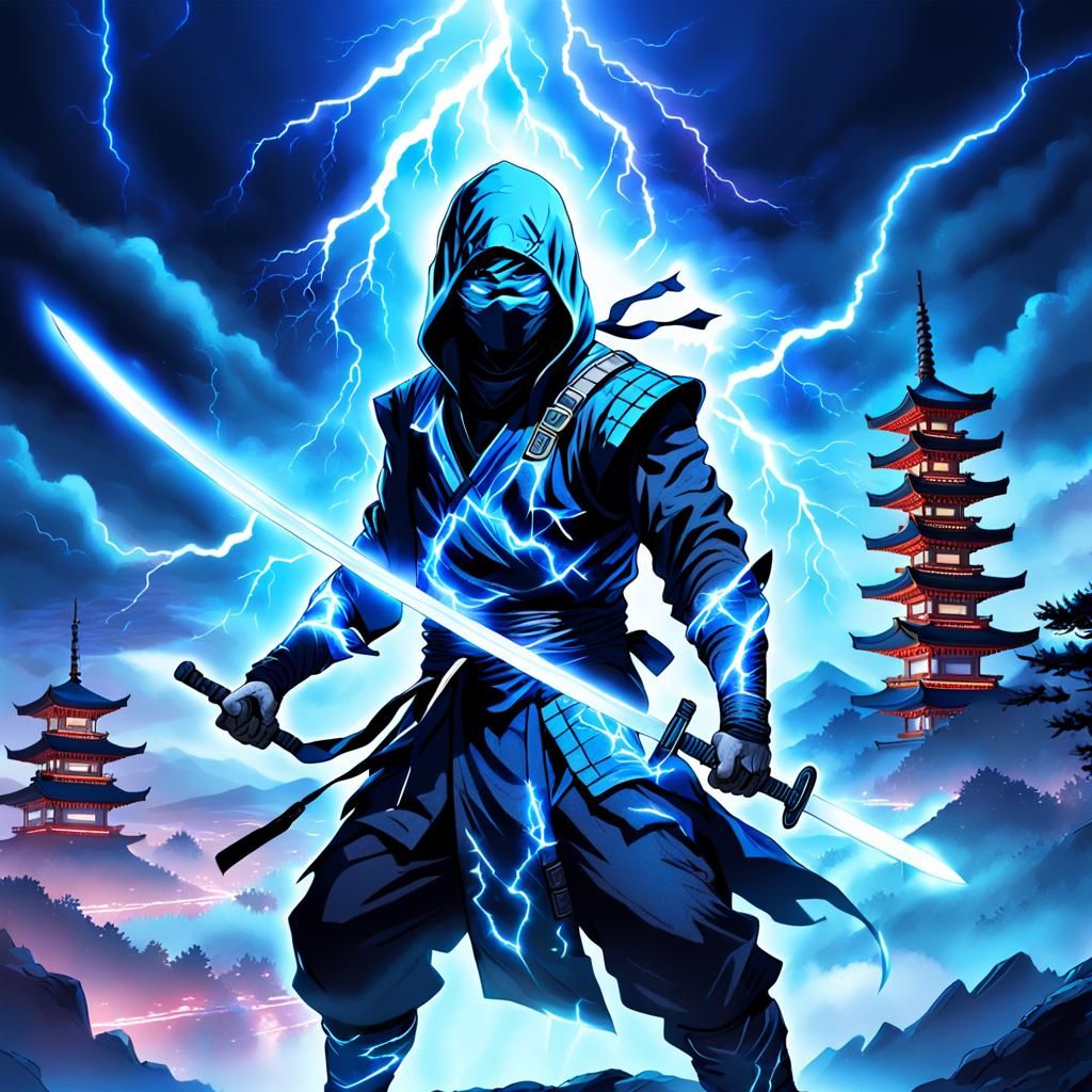 Ninja in Astral Cosmic Illustration with Lightning Aura