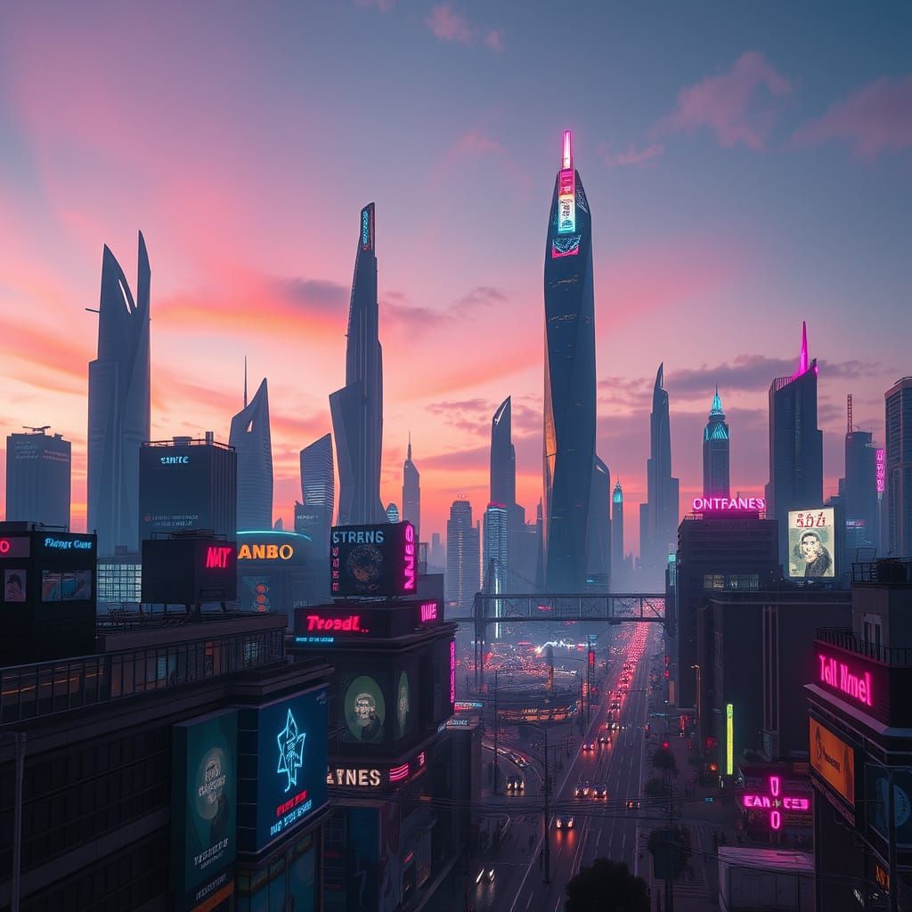 Futuristic Metropolis at Dusk in Cyberpunk Style