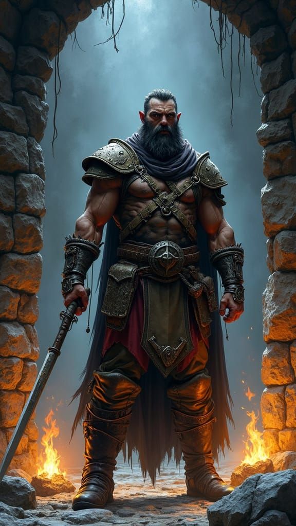 Victorious Barbarian Warrior in Dark Fantasy Dungeon