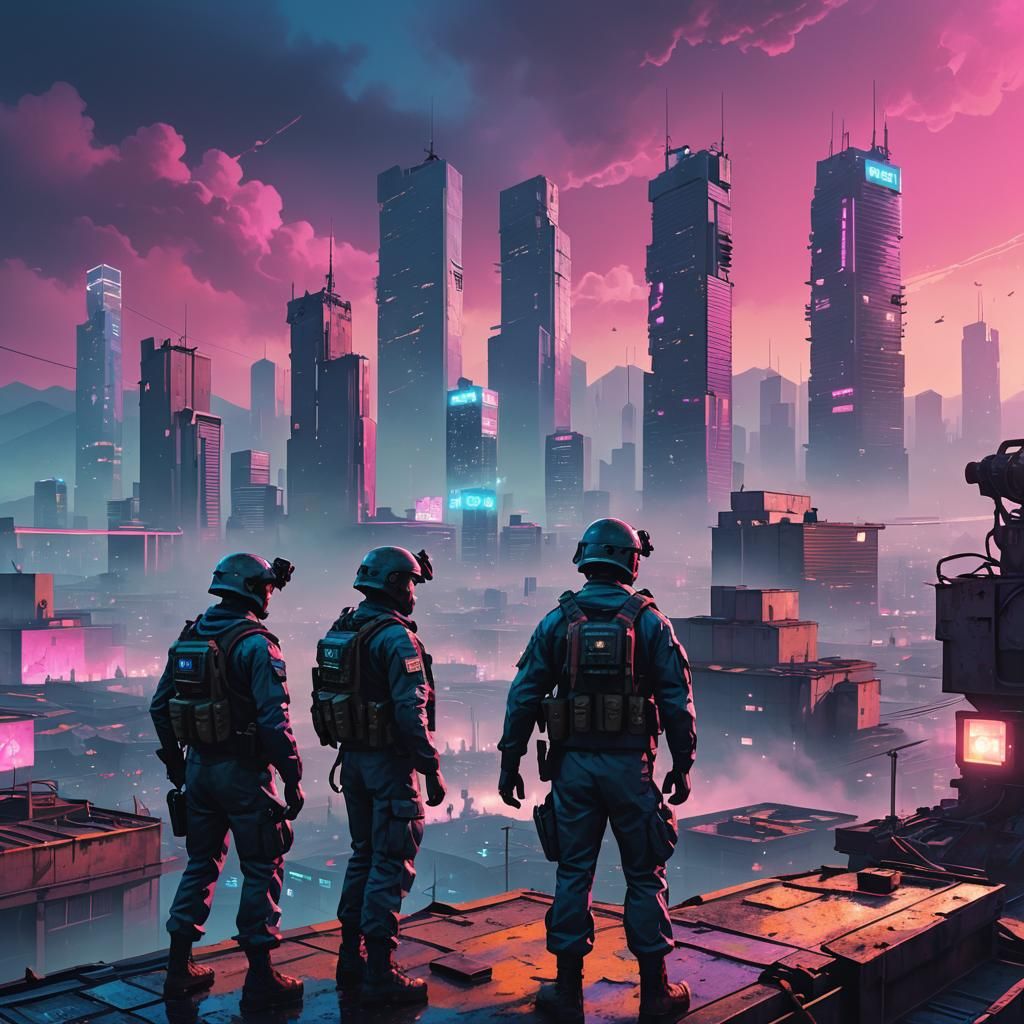 Retro-Futuristic Soldiers Stand Watch in Neon-Lit Los Santos