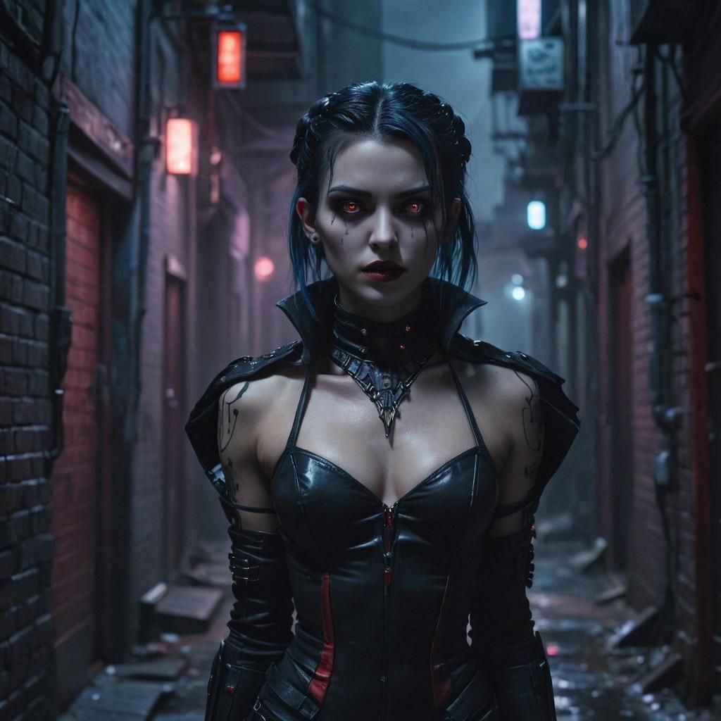 Cyberpunk Vampire Lurks in Dim Alleyway
