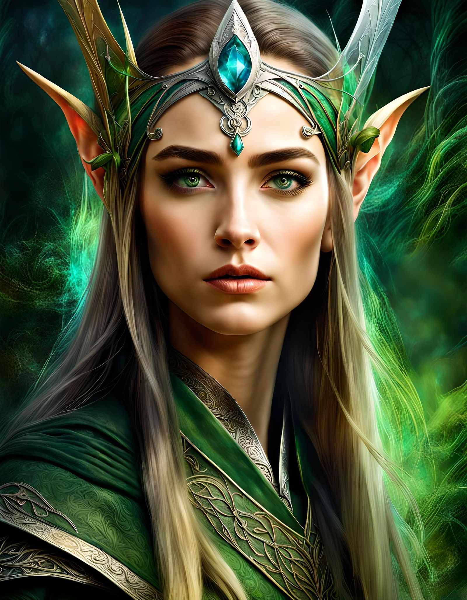 Ethereal Elven Sorceress in Mysterious Landscape