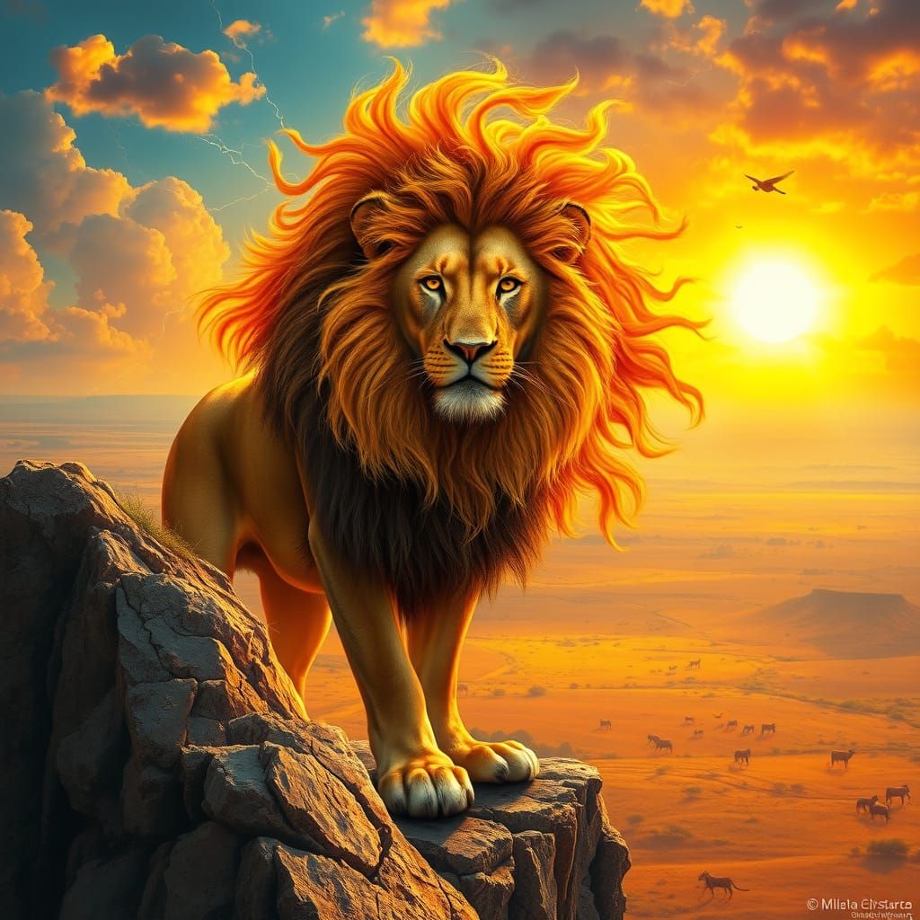 Majestic Lion With Fiery Mane On Cliff Over Savanna
