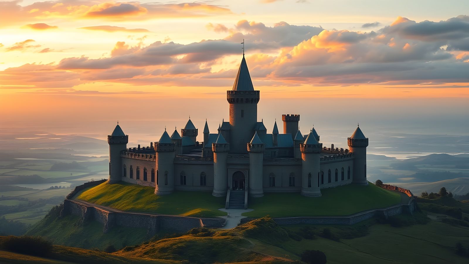Fantastical Castle in Sunset Countryside with Ocean