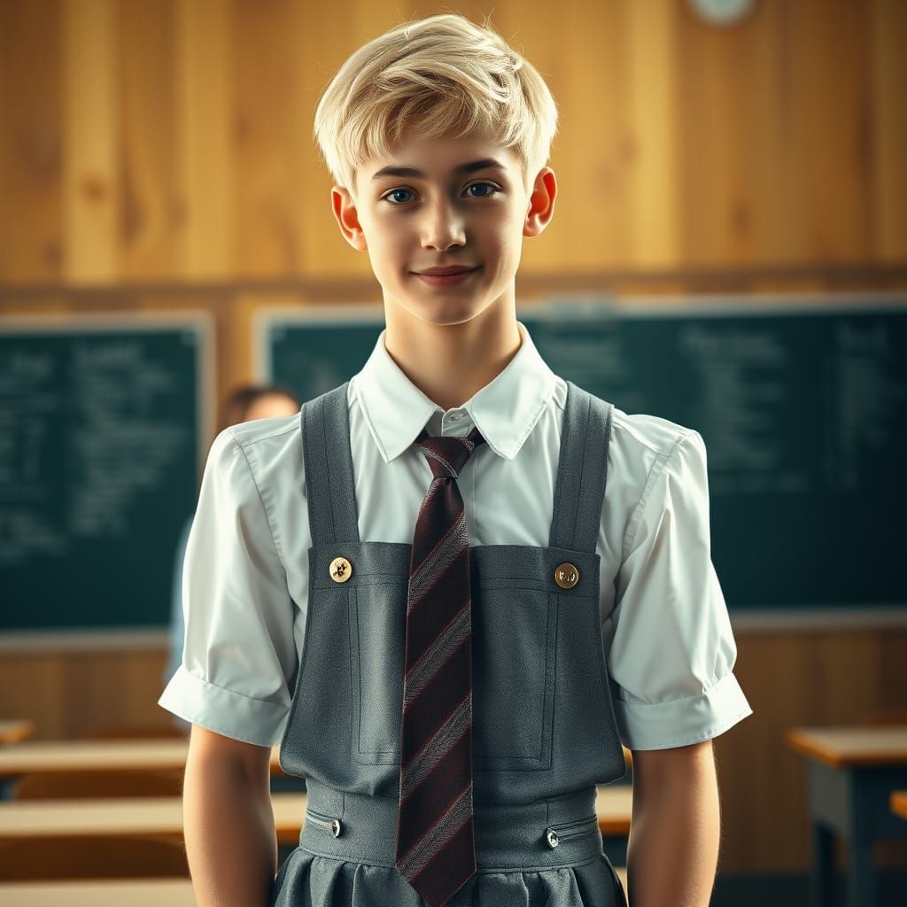 Hyperrealistic Portrait of Adorable Young Man in School Unif...