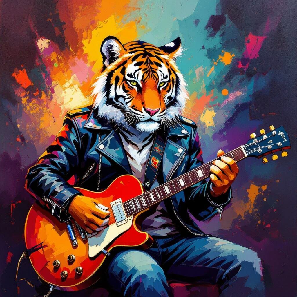 Young Tiger in Leather Jacket Plays Guitar in Abstract Style