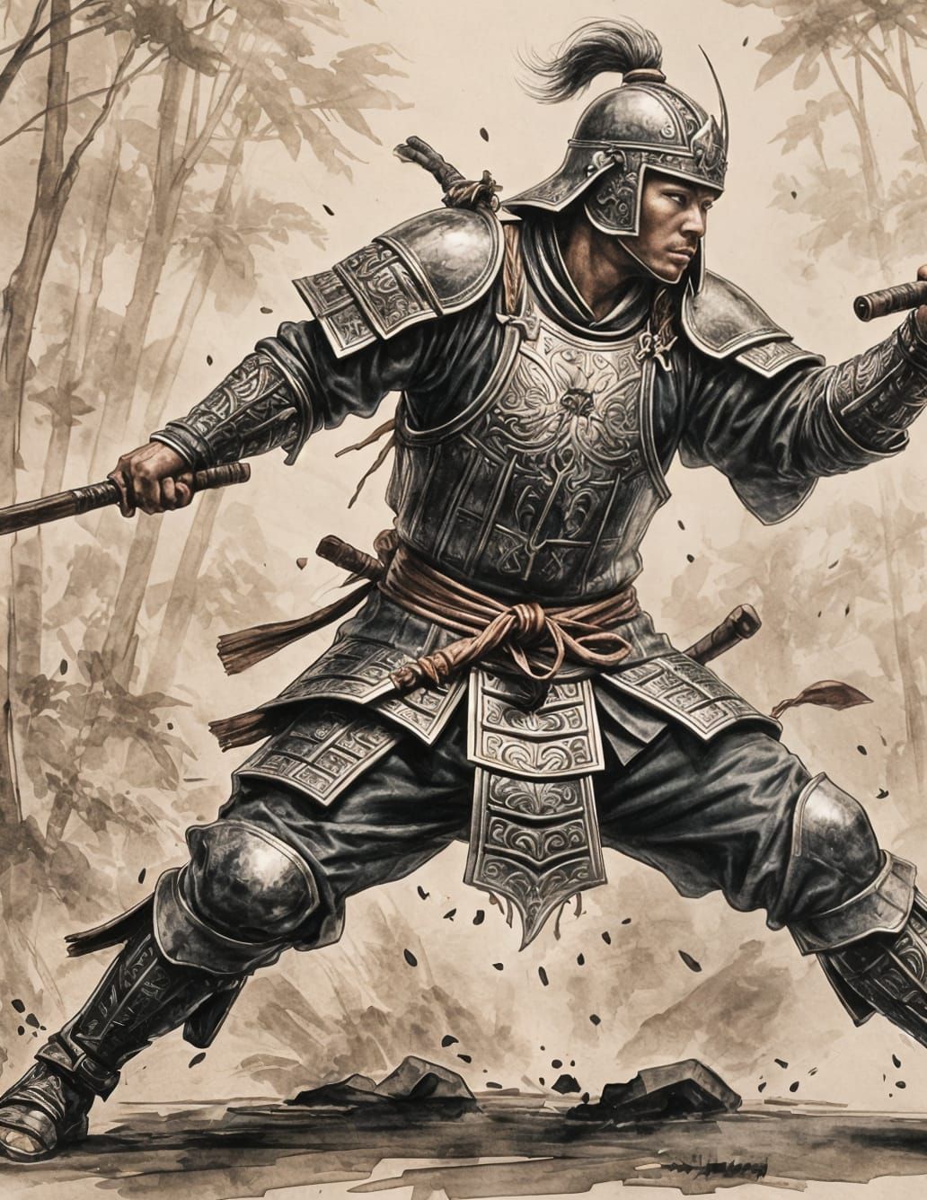 Asian Warrior in Motion, Ink Sketch Masterpiece