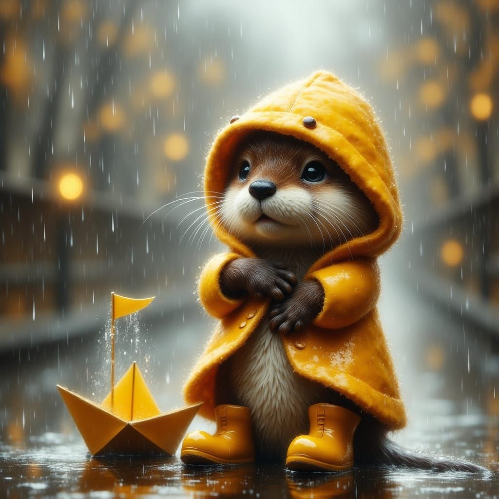 Rainy Day Otter with Paper Boat