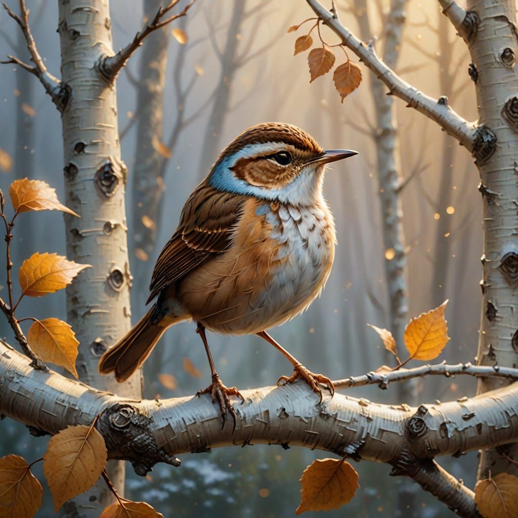 Wren on Birch Branch in Fantasy Art Style