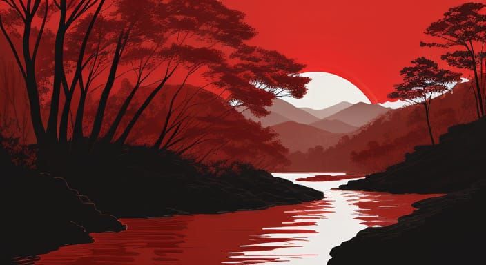 Giant Red Sun Over Winding River and Silhouetted Trees