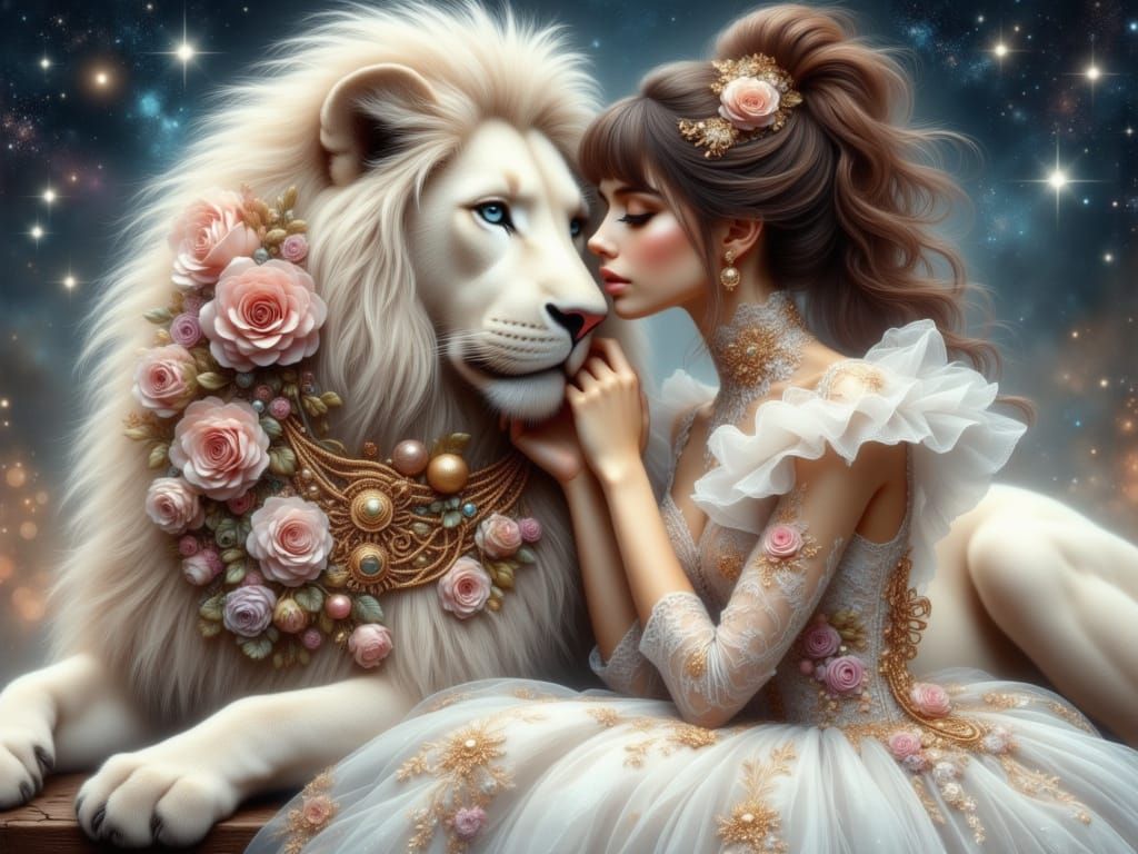 Woman and White Lion Portrait in Fantasy Style