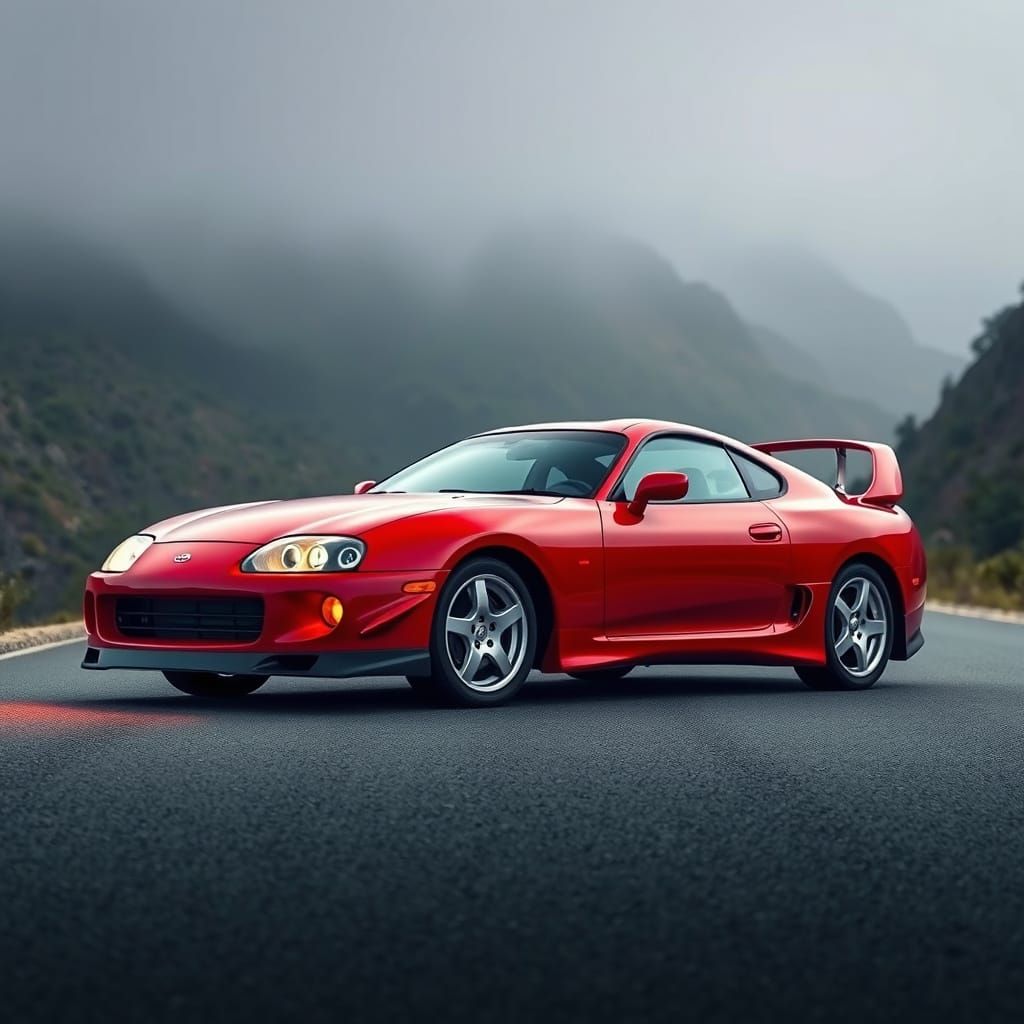 Sleek Crimson Supra Dominates Deserted Mountain Pass