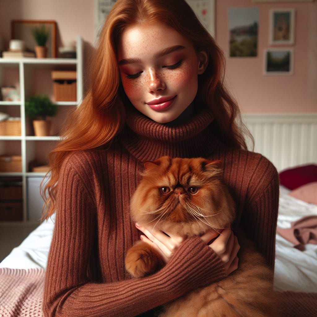 Ginger-Haired Teen Girl Cuddles Fluffy Brown Cat in Cozy Bed...