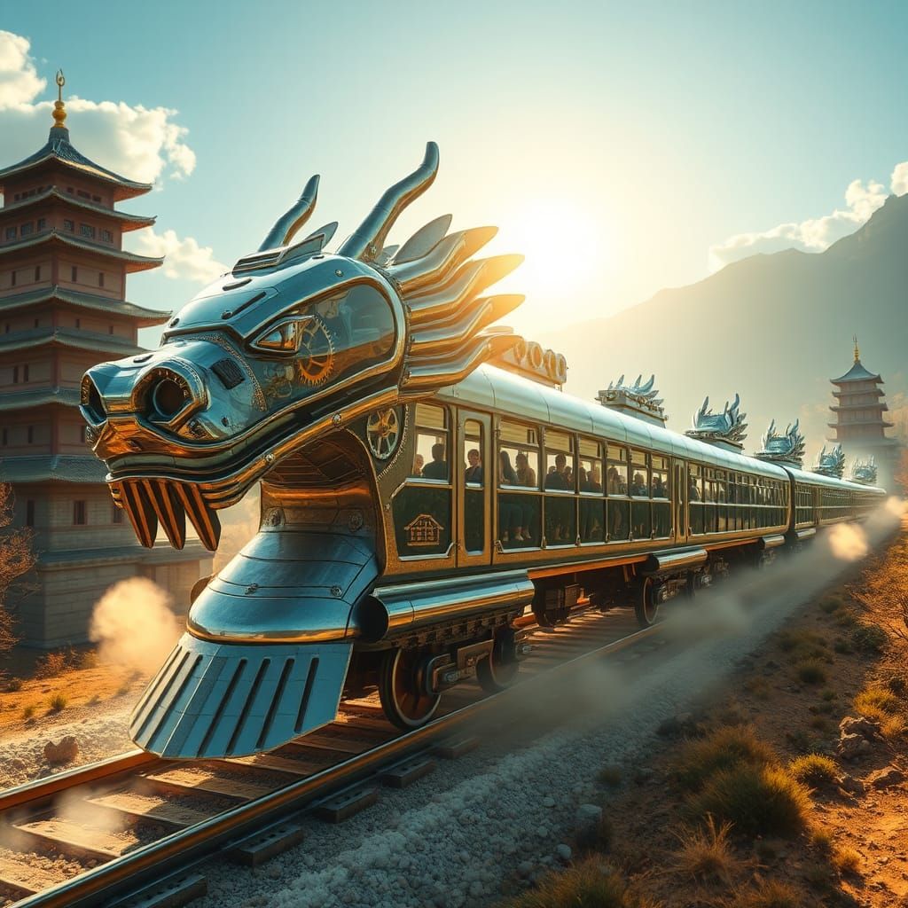 Futuristic Glass Dragon Train Speeds Across Sunlit China