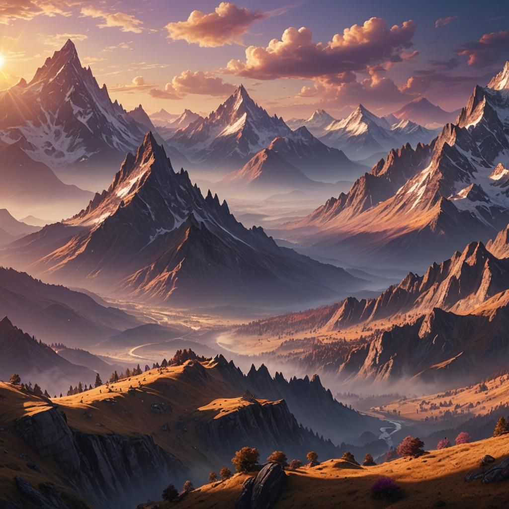 Majestic Fantasy Mountain Range at Sunrise in Vibrant Digita...