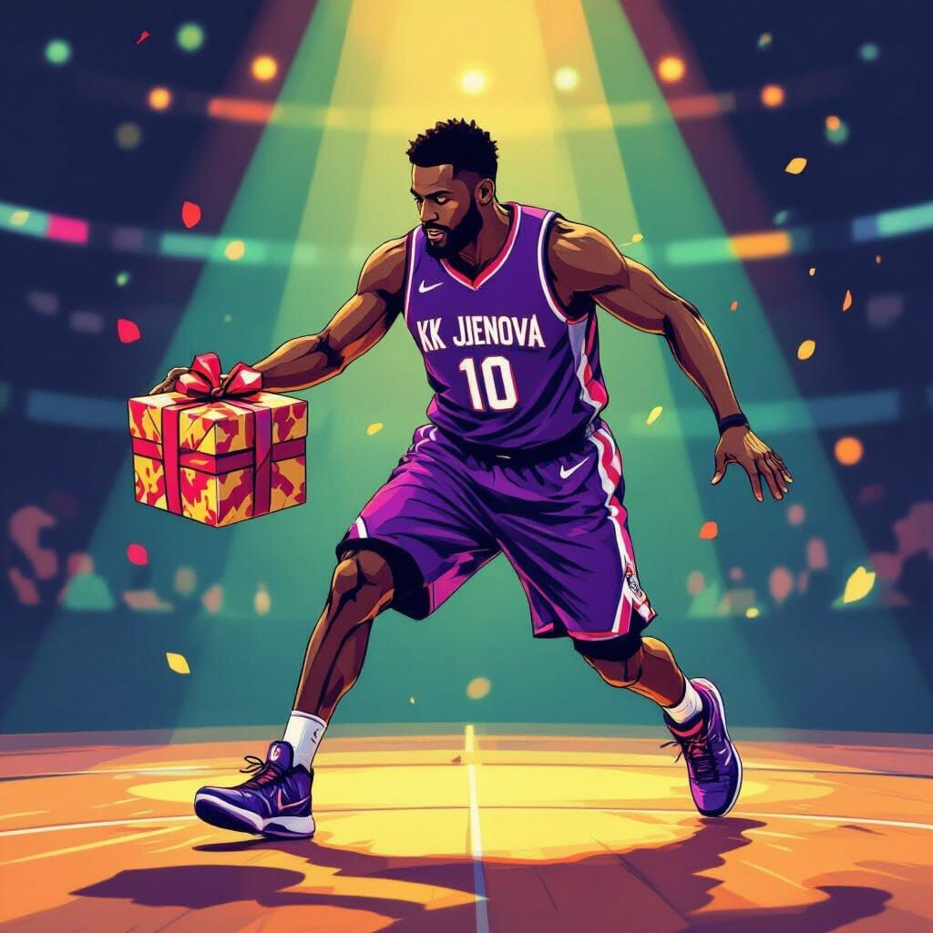 Basketball Player Dribbles Gift in Purple Jersey