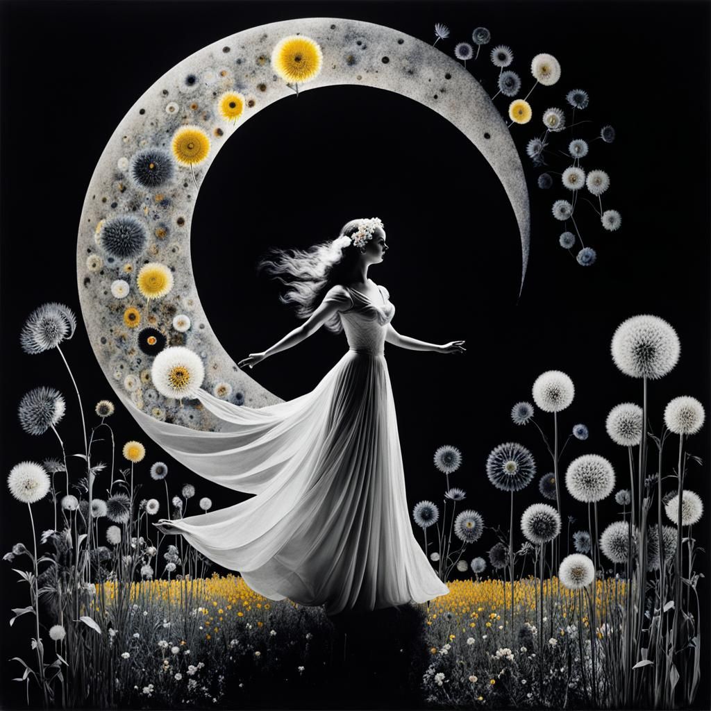 Surrealist Moon Goddess Emerges Among Vibrant Dandelions in...