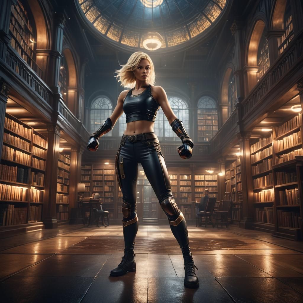 Fierce Warrior in Moonlit Library Fantasy Concept Art