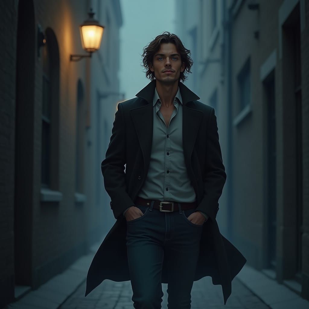 Mysterious Alleyways Figure Walks with Refined Style in Futu...