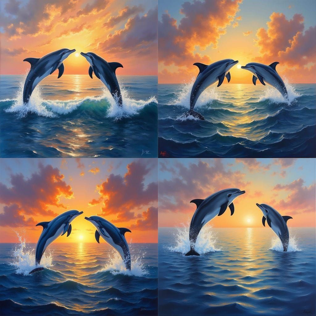 Dolphins Leaping at Sunset in a Vibrant Oil Painting