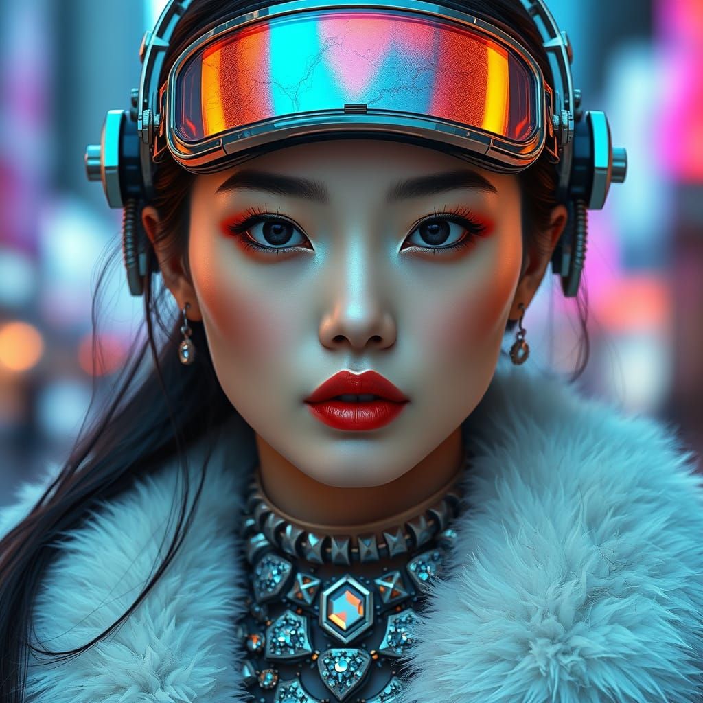 Cyberpunk Goddess with Iridescent Visor and Velvet Coat