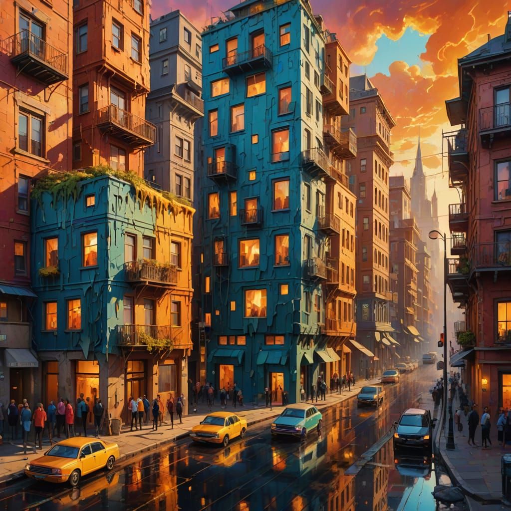 Surreal Cityscape: Hotels in Wigs as Oil Painting