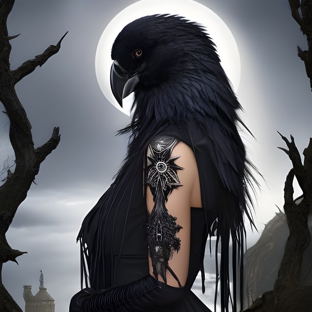 Gothic Witch with Raven Portrayed in Hyperrealistic Detail