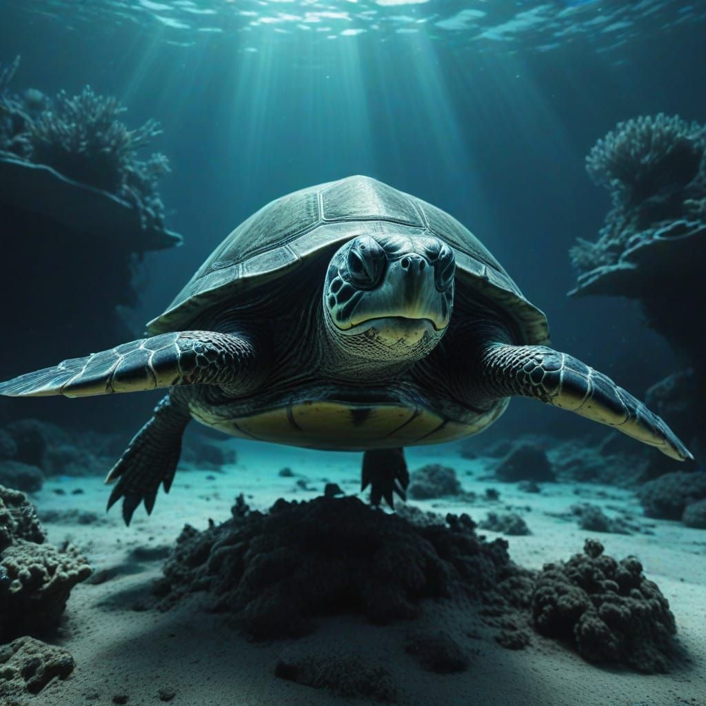 Dark Turtle Epic on Seabed: Cinematic Marine Life Masterpiec...
