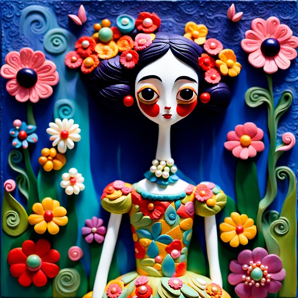 Vibrant Folk Art Lady in Enchanted Garden