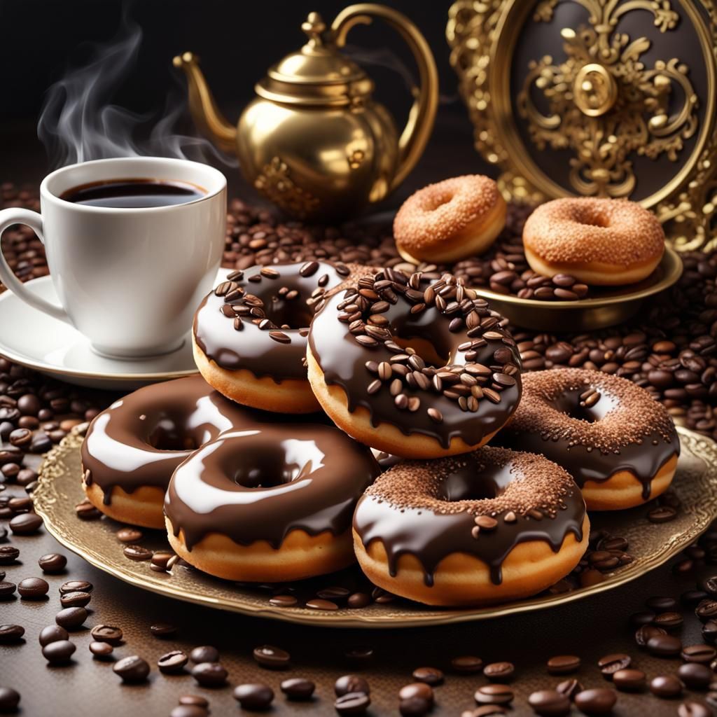a plate of donuts with chocolate and coffee beans and a cup of espresso
