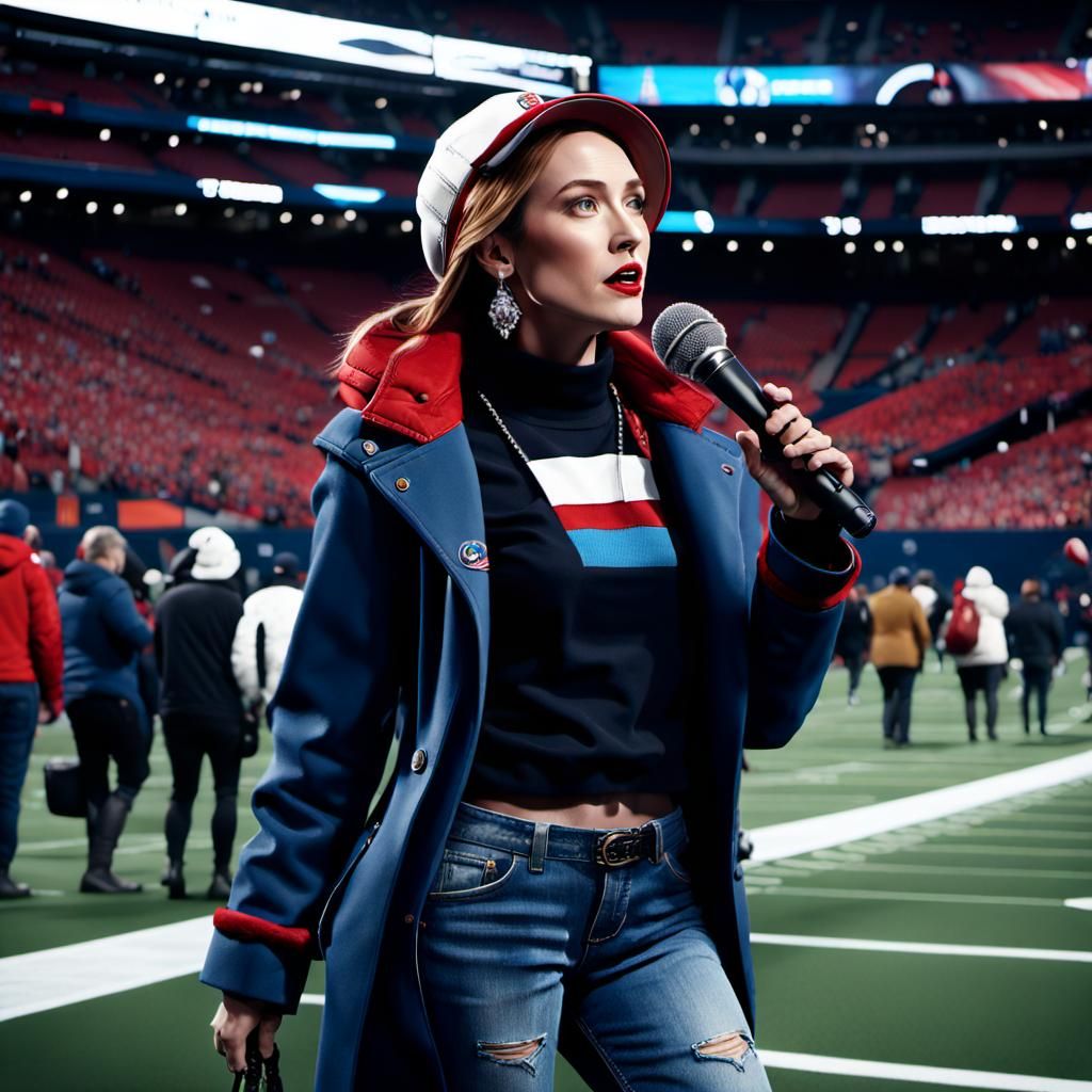 Epic Super Bowl Sideline Reporter in Red Coat