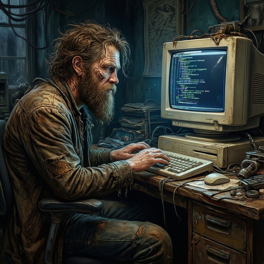 Hackerman Coding in Dark Office, Realistic Illustration Styl...