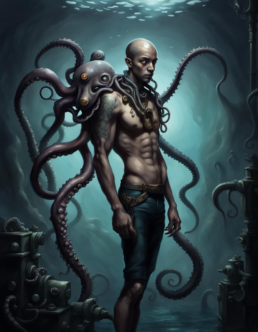 Steampunk Inspired Man with Octopus Legs in Dark Deep Sea
