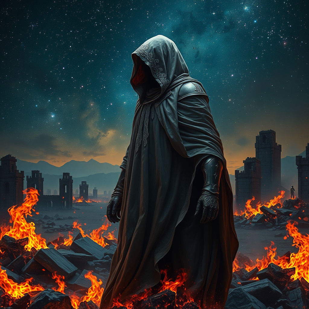 Resilient Figure Rises from Fiery Ruins in a Celestial Atmos...